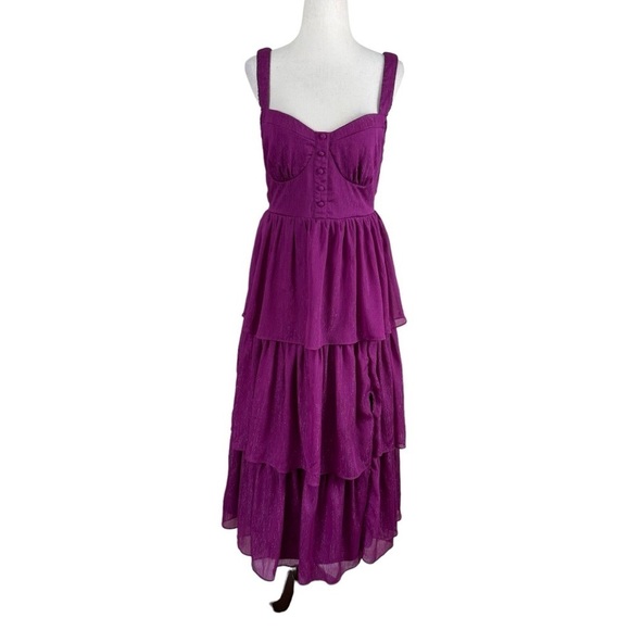 Lulus Tier for the Drama Magenta Purple Lurex Tiered Midi Dress - Picture 4 of 15